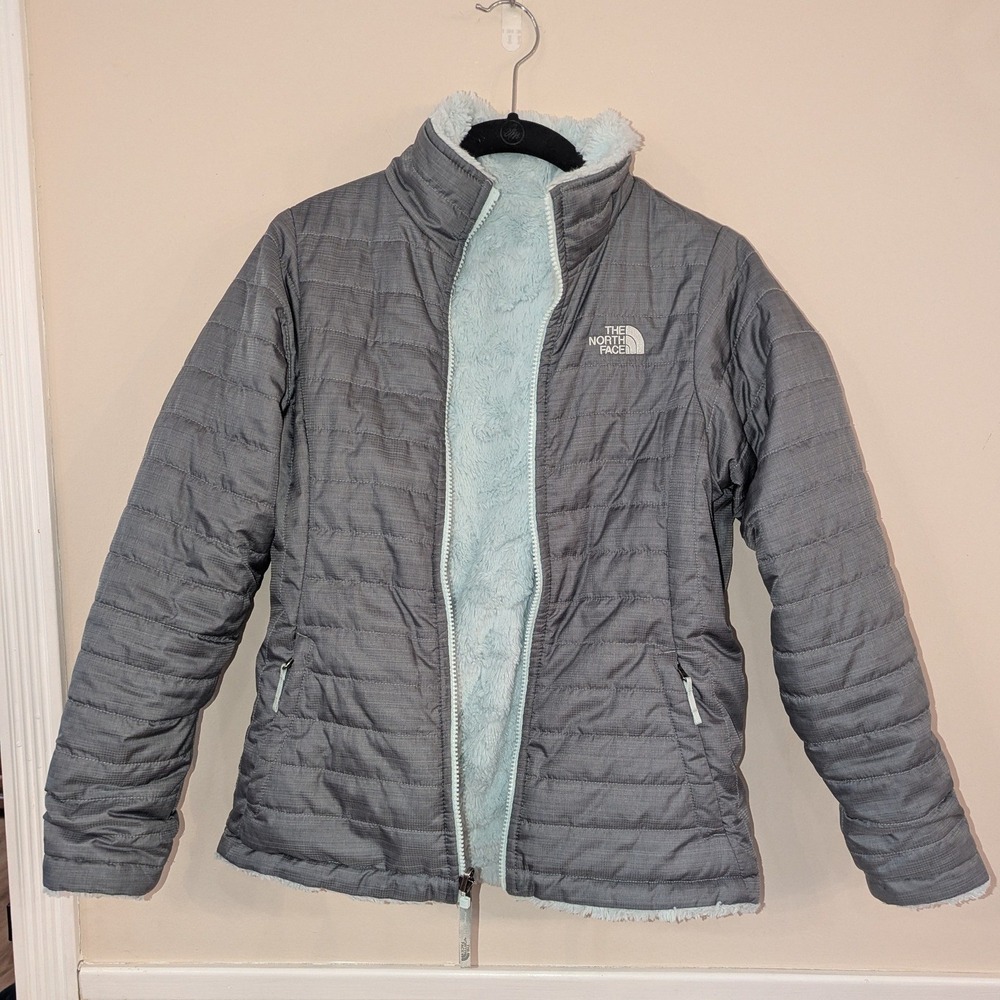 The North Face Reversible Jacket Girls L 14/16 Grey Blue Quilted Fleece